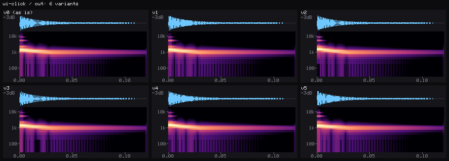 Contact sheet of six variants of UI click